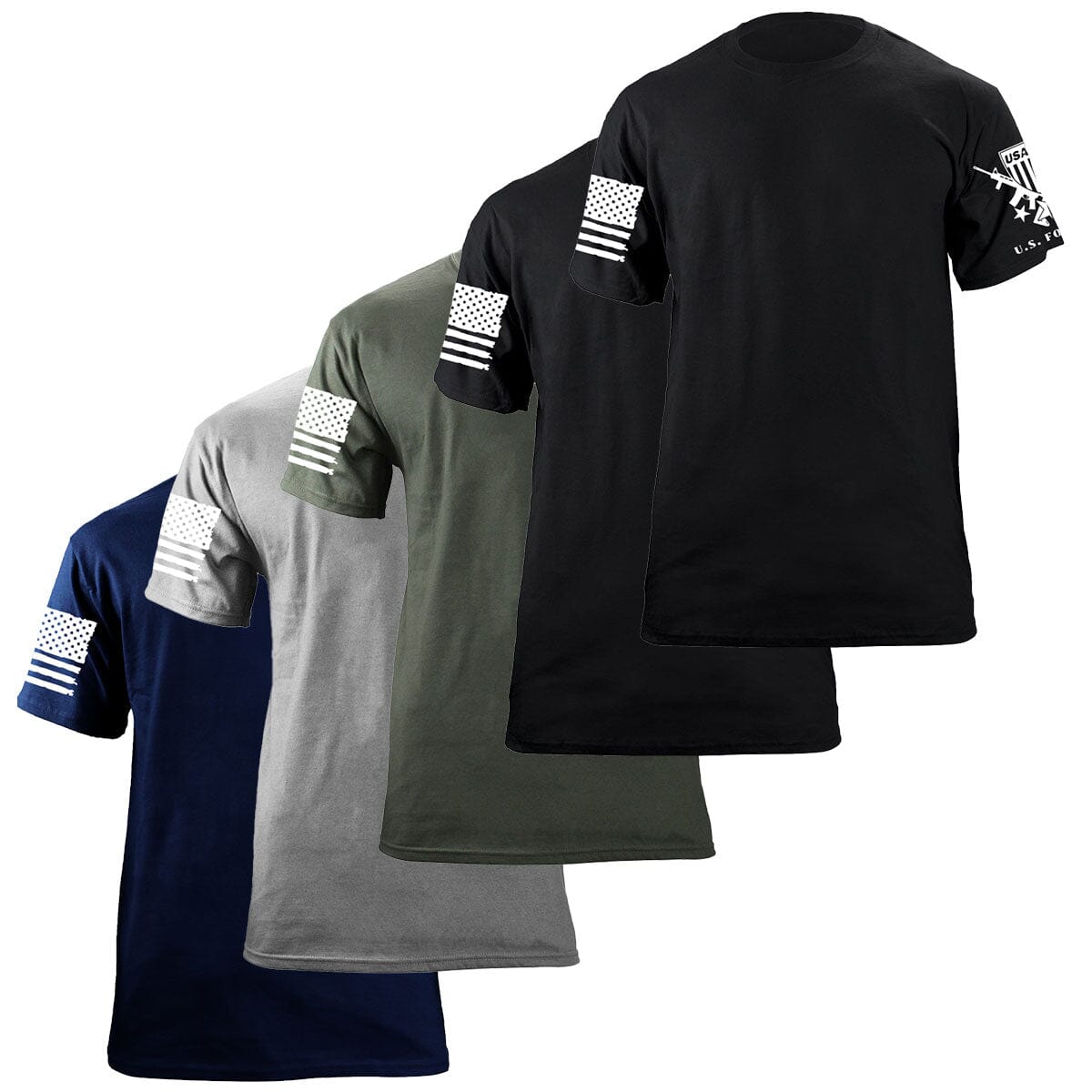USAMM 5-Pack Blank T-Shirts in Black Navy Green and Grey with Flag Sleeve Detail