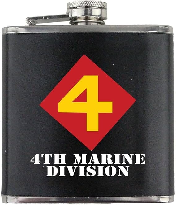 4th Marine Division Full Color Stainless Steel Leather Wrapped 6oz. Flask Flasks