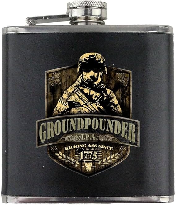 Army Groundpounder IPA Beer Label Stainless Steel Leather Wrapped 6oz. Flask Flasks