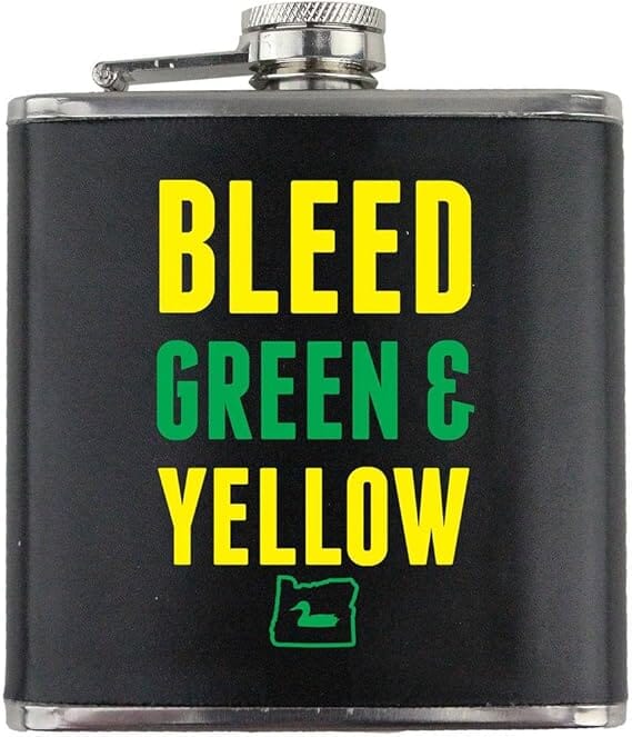 Bleed Green and Yellow I Duck Oregon Stainless Steel Leather Wrapped 6oz. Flask Flasks