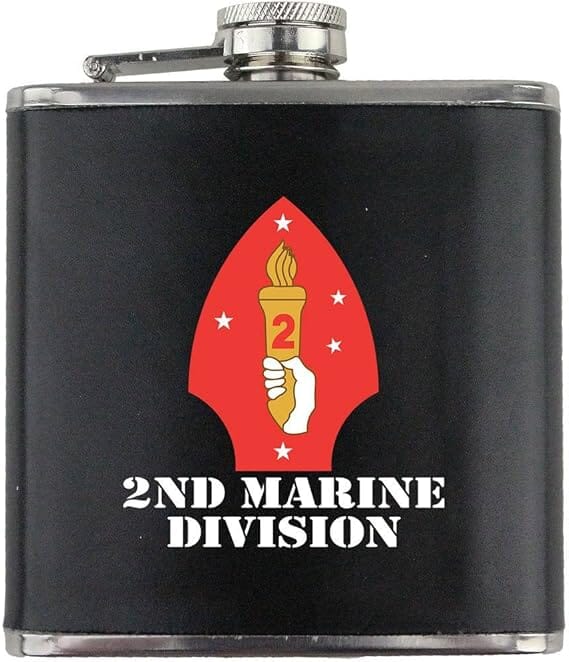 2nd Marine Division Full Color Stainless Steel Leather Wrapped 6oz. Flask Flasks