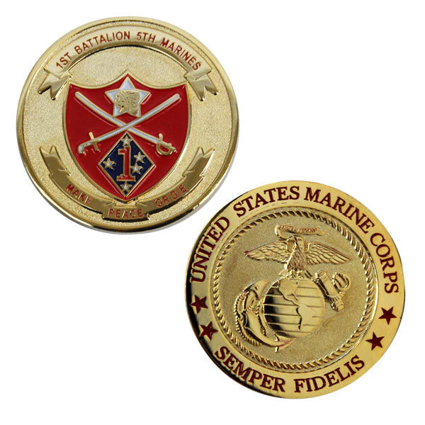 1-3/4" 2 Sided Sandblast Gold 1St Bn 5Th Marines Coin Challenge Coins