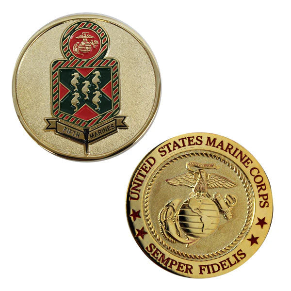 1-3/4" 2 Sided Sandblast Gold 5Th Marines Coin Challenge Coins