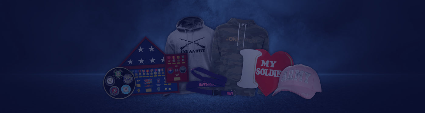 Military apparel and memorabilia including hoodies, medals, and caps displayed against a dark background.