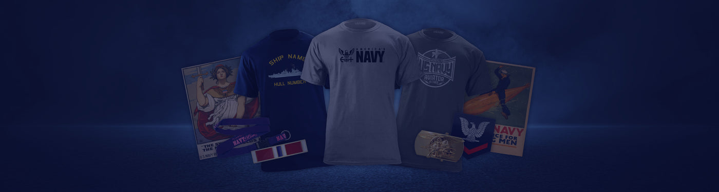 Navy-themed T-shirts and vintage posters on dark background.