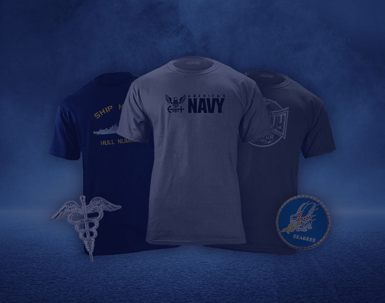 Navy-themed T-shirts with logos and Seabees insignia on a blue background.