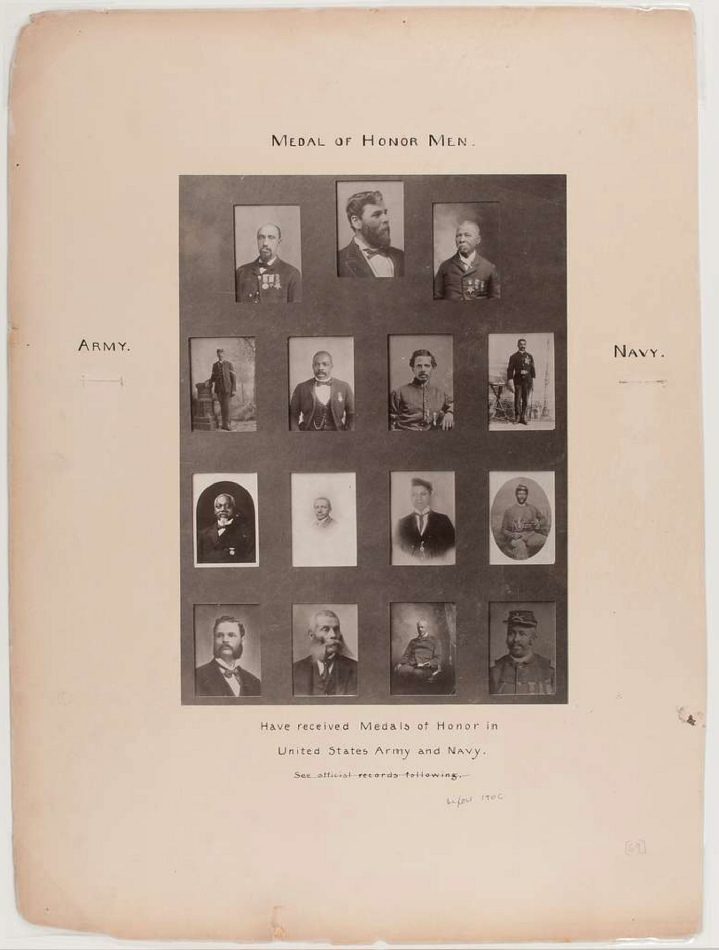 Historic collage of Medal of Honor recipients from US Army and Navy, featuring distinguished military personnel's portraits before 1906.