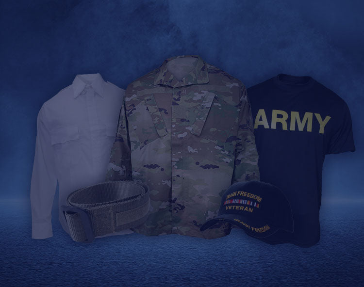 Military clothing and accessories, including a camo jacket, T-shirt, belt, white shirt, and veteran cap.