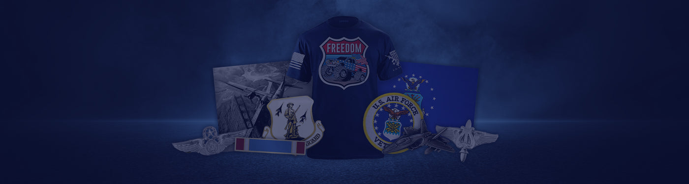 Air Force apparel and memorabilia display on blue background