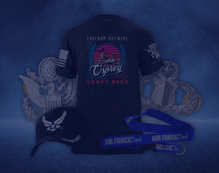Osprey Craft Beer T-shirt with Air Force cap and lanyard, featuring patriotic emblems in background.
