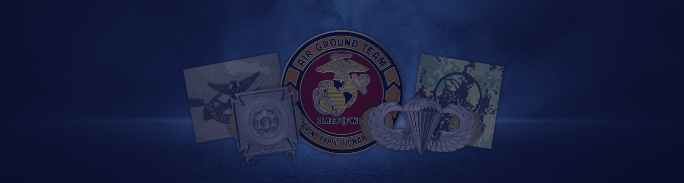 Marine Air Ground Team emblem with military badges and camouflage background.