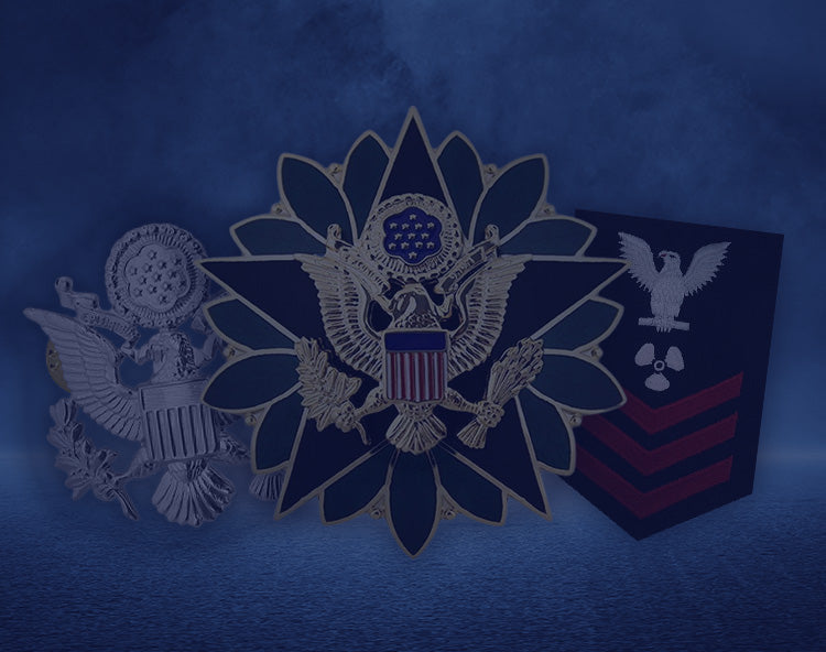 Military insignia with eagle emblems on a dark blue background.