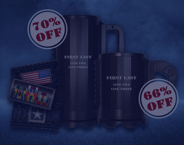 Patriotic mugs set with engravings and military-themed items, featuring discounts of 70% and 66% off.