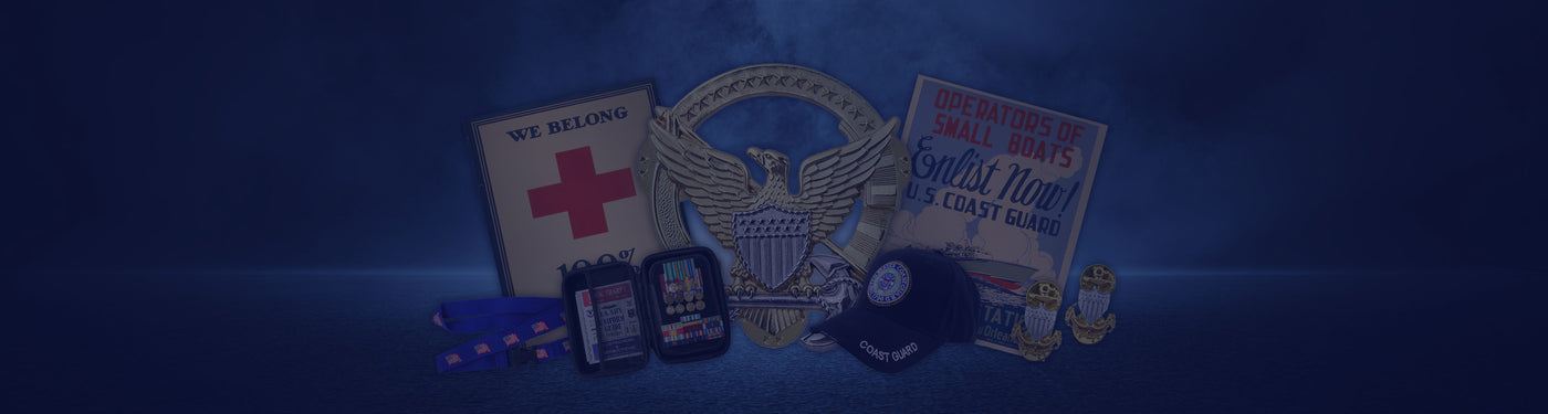 Coast Guard memorabilia with badges, medals, posters, and a cap on a blue background.