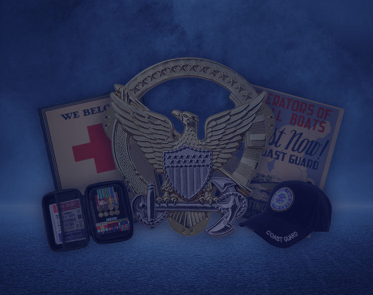 Coast Guard memorabilia with medals, cap, and posters on a blue background.