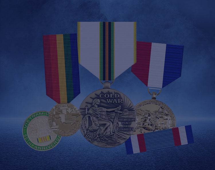 Military service medals displayed on a blue background.