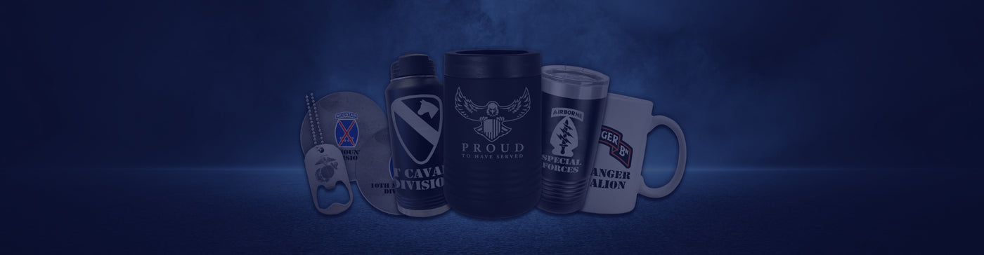 Military-themed mugs and bottles with logos and dog tags on a dark blue background.