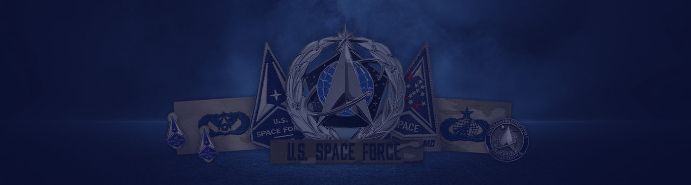 U.S. Space Force emblem with badges and medals in a dark blue background.