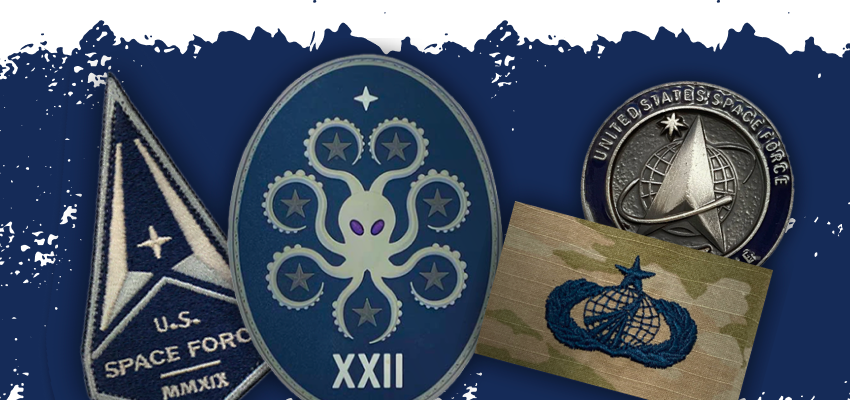 Space Force insignias and patches with star designs on blue and camouflage backgrounds.