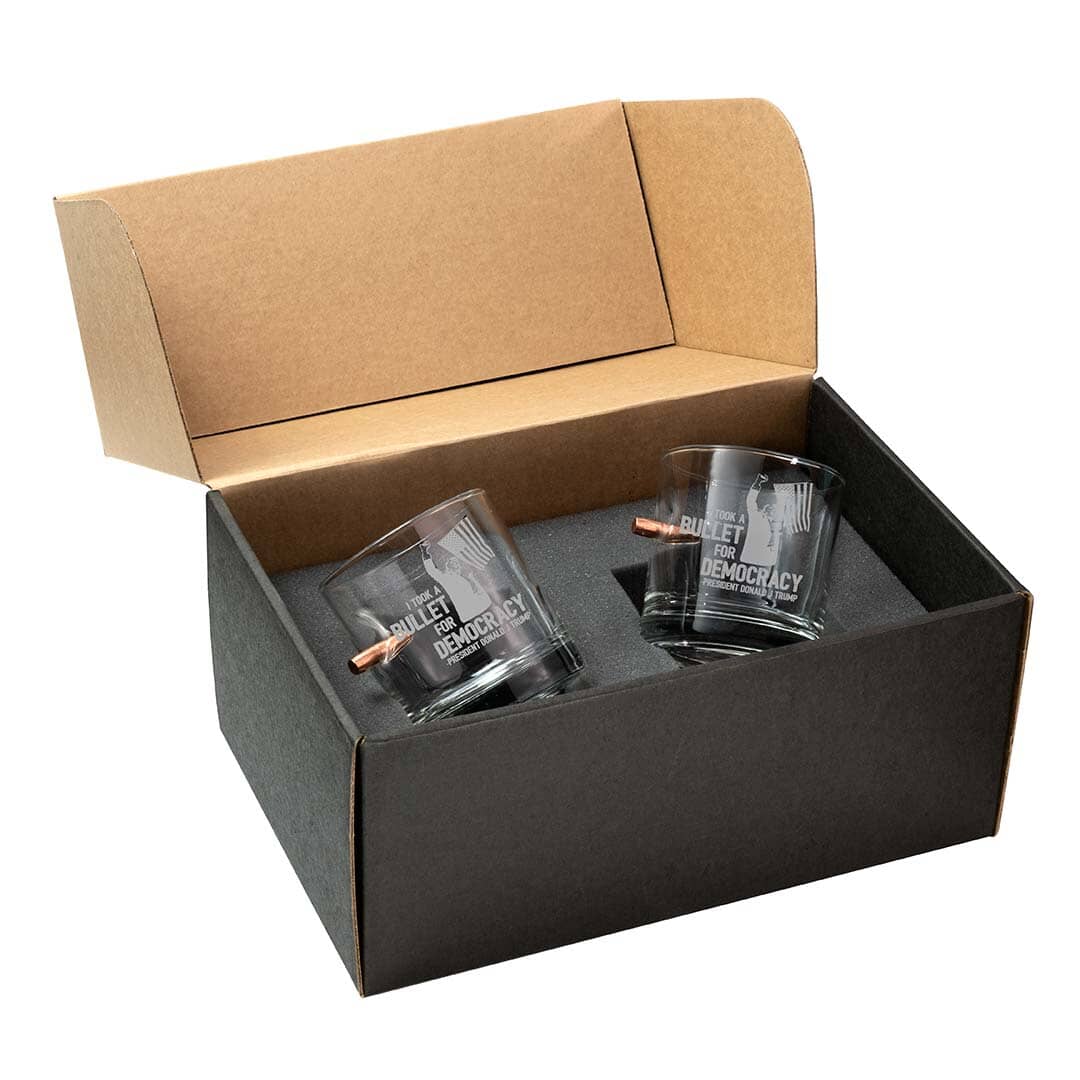 Trump Whiskey Glass Handmade Glass 308-Rocks-Bullet-for-Democracy-GS