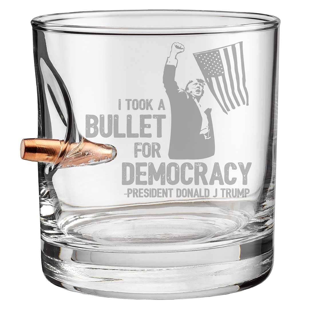 Trump Whiskey Glass Handmade Glass 308-Rocks-Bullet-for-Democracy