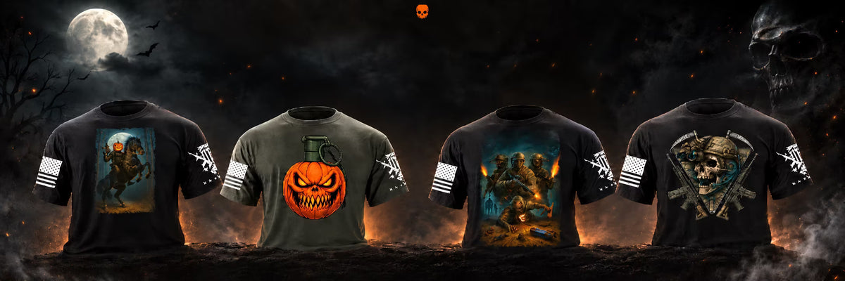 Shop the TXI Halloween Collection - available now. Four graphic t-shirts: headless horseman, pumpkin grenade, OPORD 31-10, and a skull with crossed rifles.