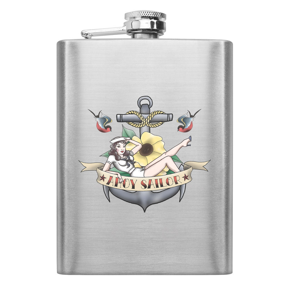 Navy Sailor Pinup Tattoo 8 oz. Flask Flasks