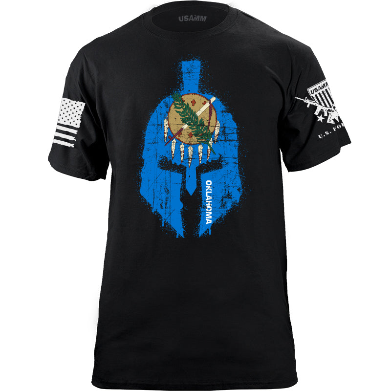 Spartan Helmet Oklahoma Flag Distressed T-Shirt Shirts YFS.7.011.1.BKT.1