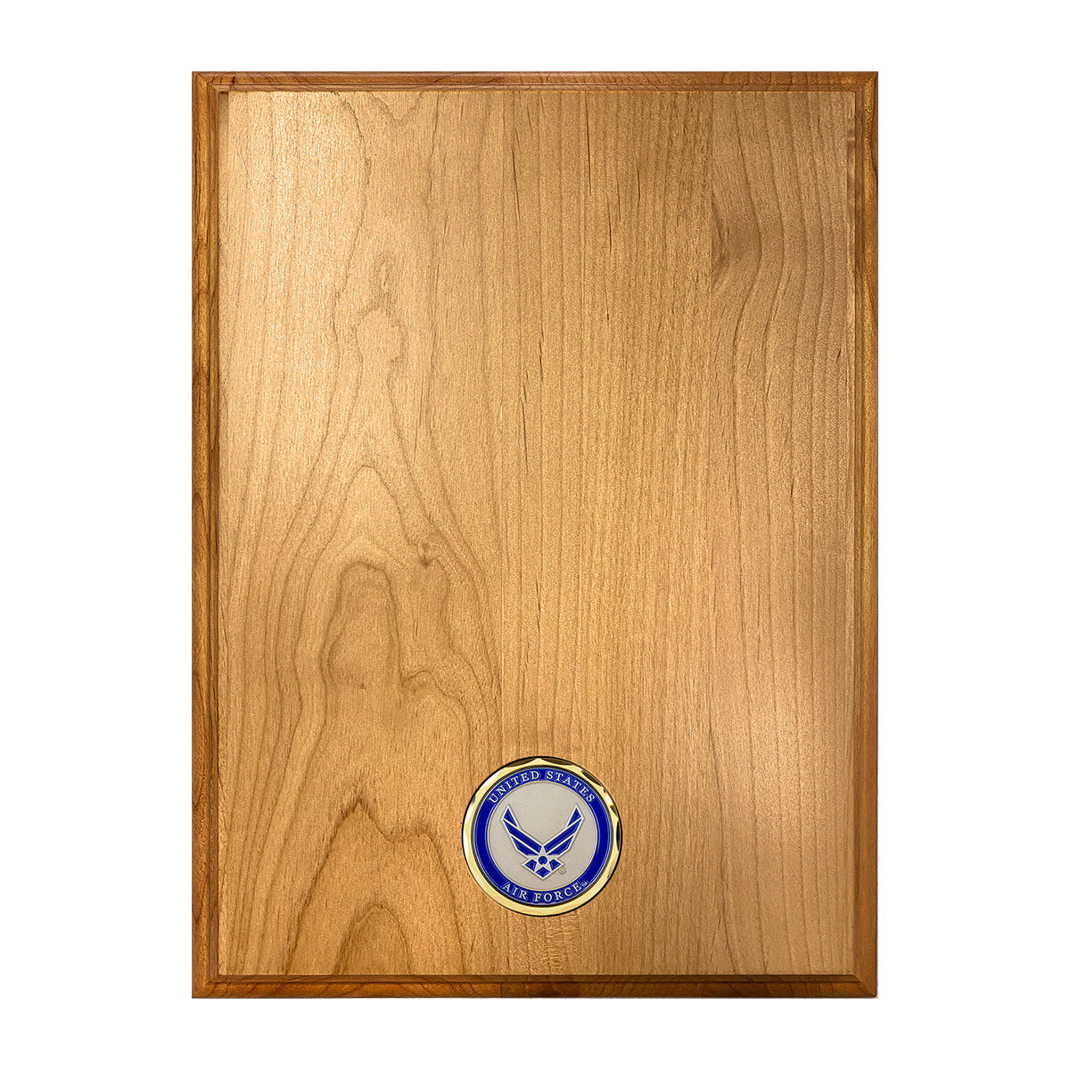 Custom Laser Engraved Alder Plaque with Air Force Coin and Ribbon Rack Inlay