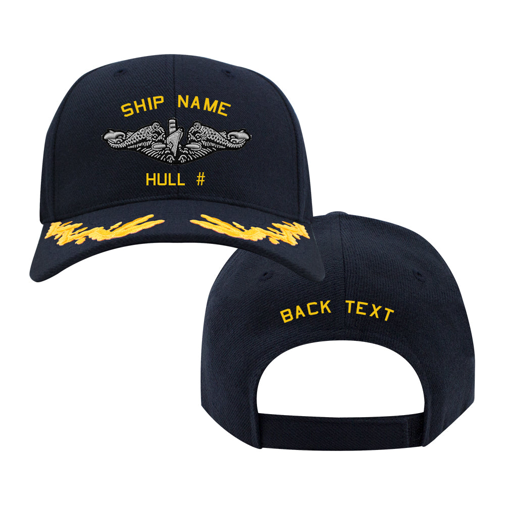 U.S. Navy Custom Ship Cap - Captain Scrambled Eggs -Navy Enlisted Submarine Warfare Insignia Hats and Caps