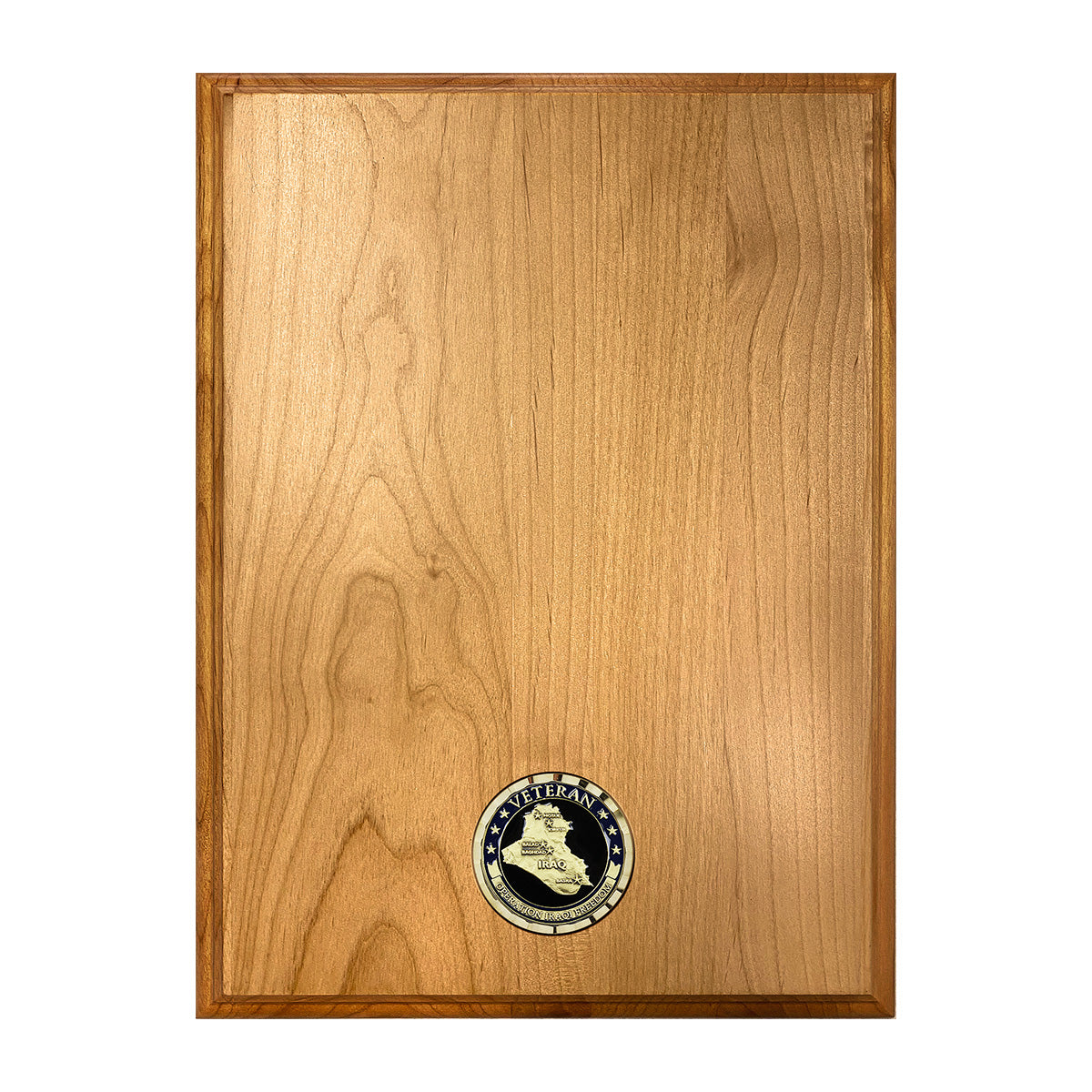 Custom Laser Engraved Alder Plaque with Iraq Coin and Ribbon Rack Inlay