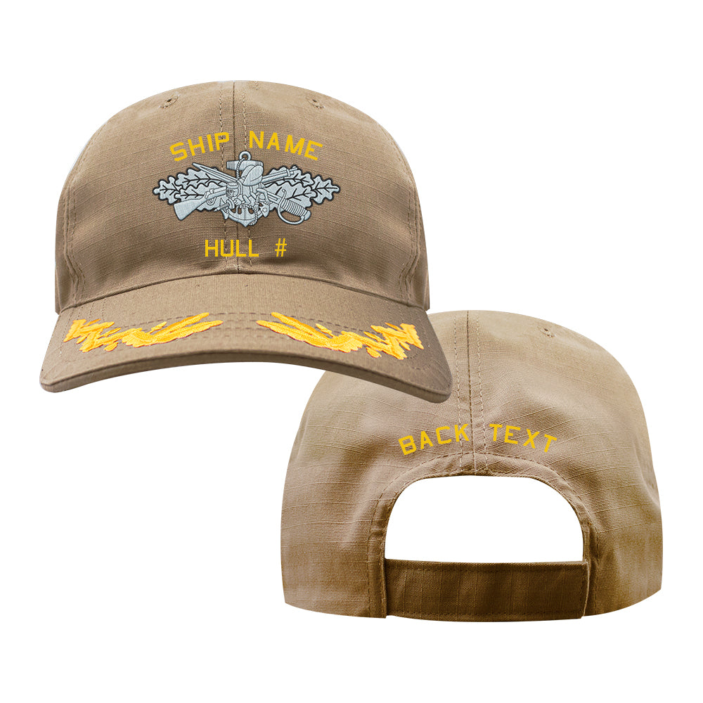 U.S. Navy Custom Ship Cap - Coyote - Captain Scrambled Eggs -Navy Enlisted Seabee Combat Warfare Insignia Hats and Caps