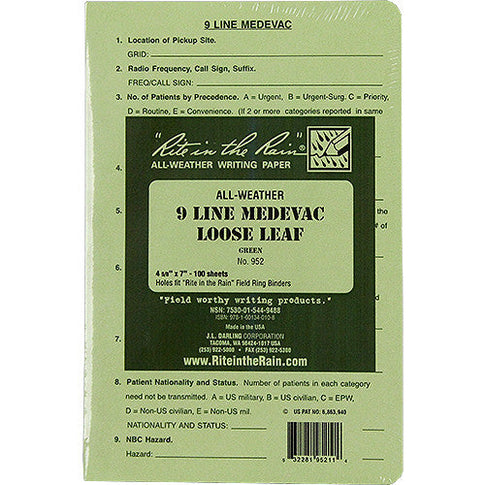 Rite in the Rain All-Weather Tactical Green Loose Leaf 9-Line MEDEVAC Binder Sheets - 100 Sheet Pack