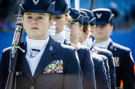 Air Force JROTC cadets participate in a color guard detail.