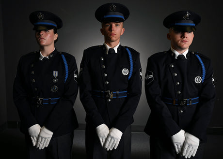 Guardians wear the Space Force ceremonial dress uniform.