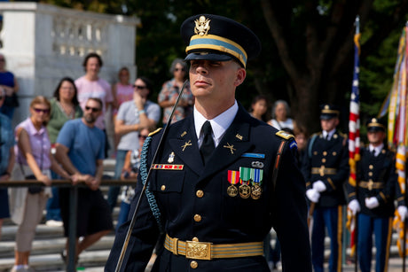 A soldier from the Old Guard wears anodized medals while on post.