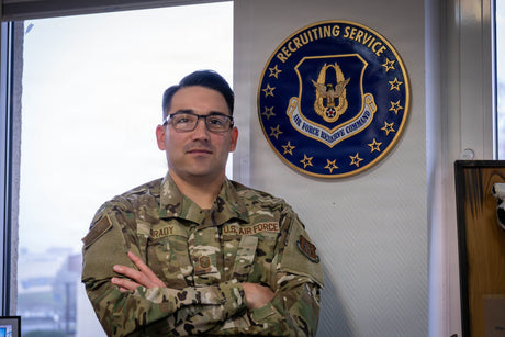 An Air Force Reserve recruiter works to help the military recruitment shortage.