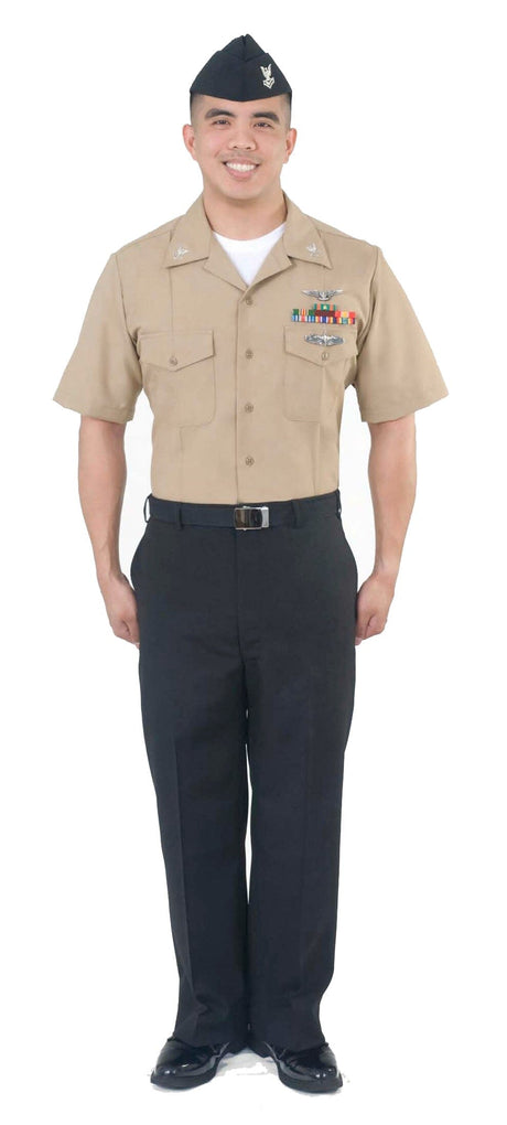 A sailor wears a Navy uniform.