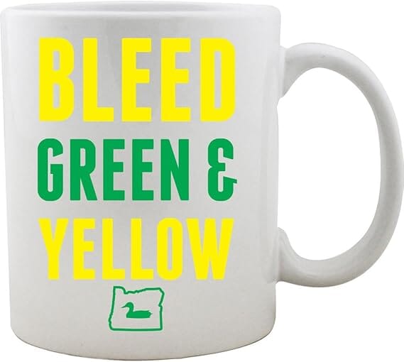 Bleed Green and Yellow I Duck Oregon Coffee Mug (11 oz, White) Mugs 