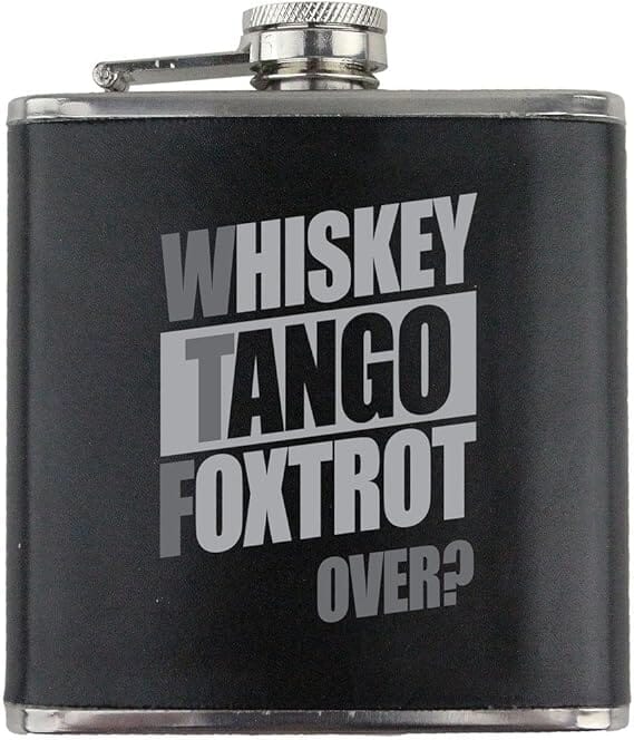 WTF Whiskey Tango Foxtrot Over? Leather Wrapped 6oz. Flask Flasks 