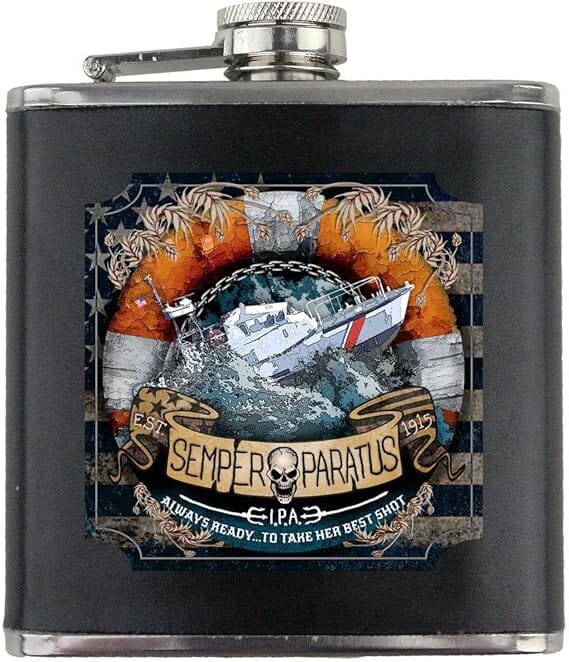 Coast Guard Semper Paratus IPA Beer Label Stainless Steel Leather Wrapped 6oz. Flask Flasks 