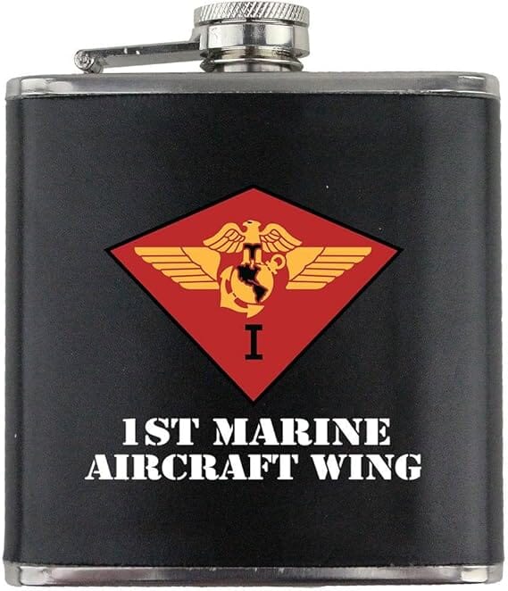 1st Marine Aircraft Wing Full Color Stainless Steel Leather Wrapped 6oz. Flask Flasks 