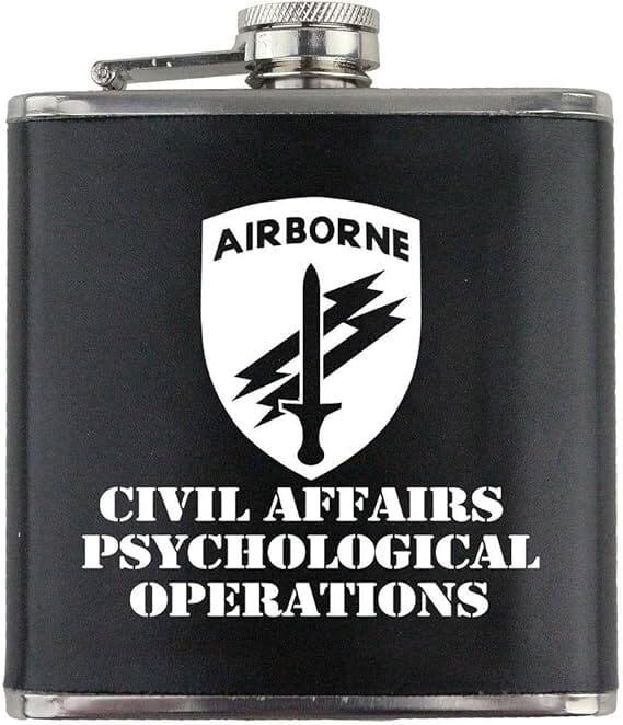 Army Civil Affairs & Psychological Operations Subdued Stainless Steel Leather Wrapped 6oz. Flask Flasks 