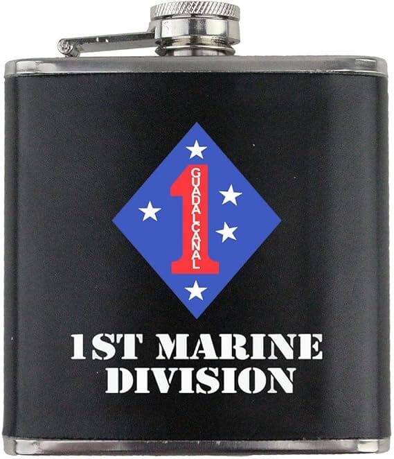 1st Marine Division Full Color Stainless Steel Leather Wrapped 6oz. Flask Flasks 