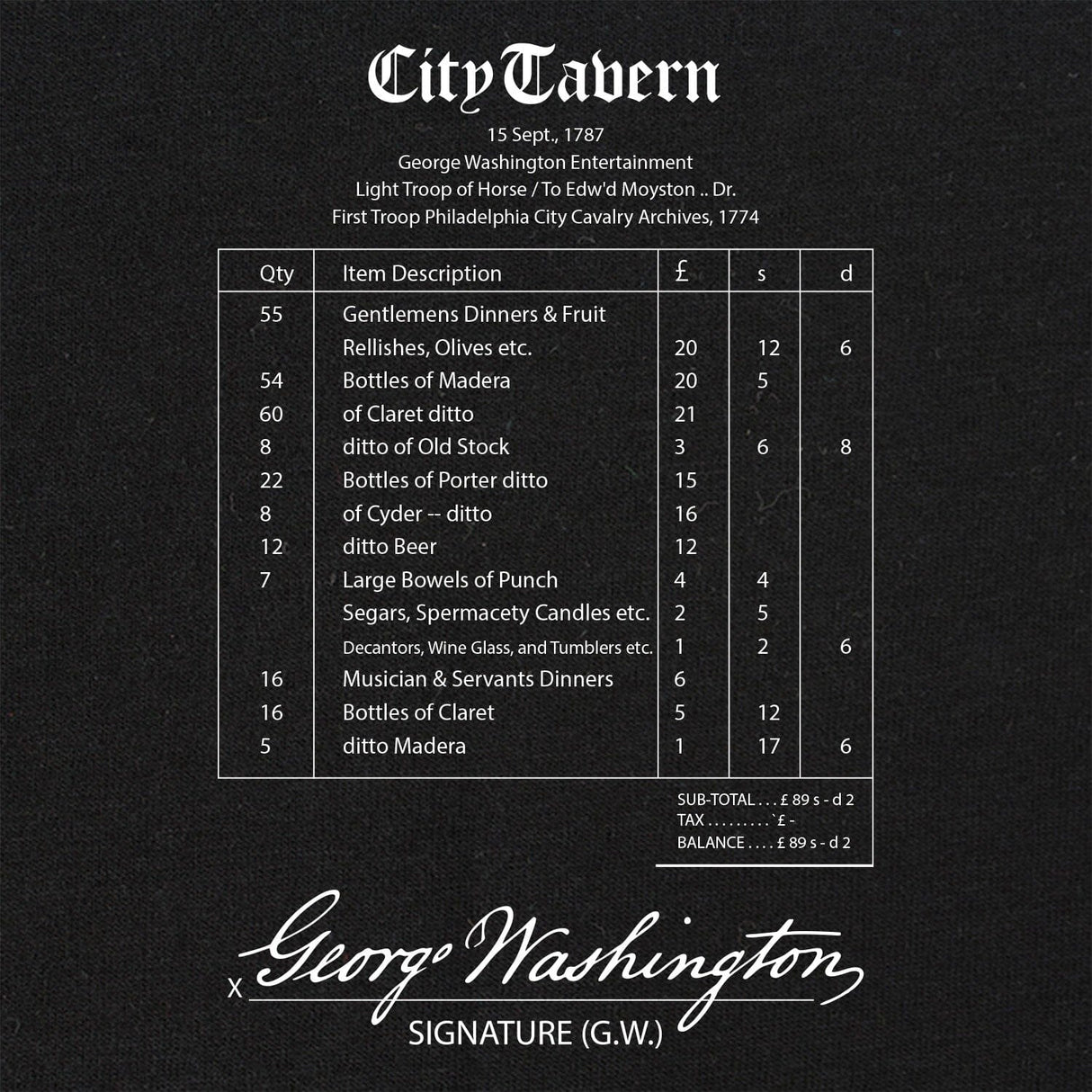 City Tavern Receipt T-Shirt Shirts 