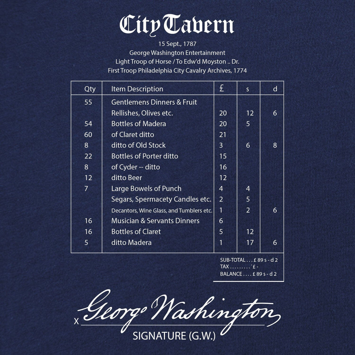 City Tavern Receipt T-Shirt Shirts 