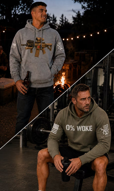 Light and Heavy Hoodies - two men in TXI hoodies, one grey and one olive, outdoors at night.