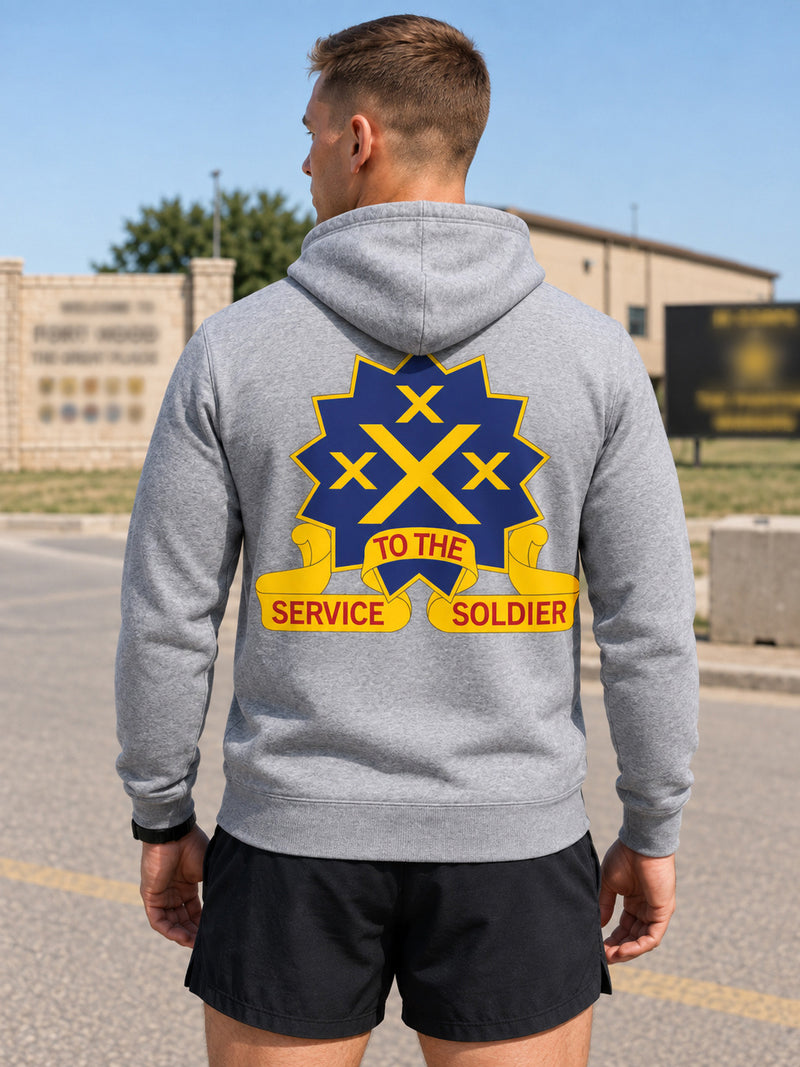 Back of a grey unit hoodie with a large embroidered unit crest above a To The Service Soldier banner.