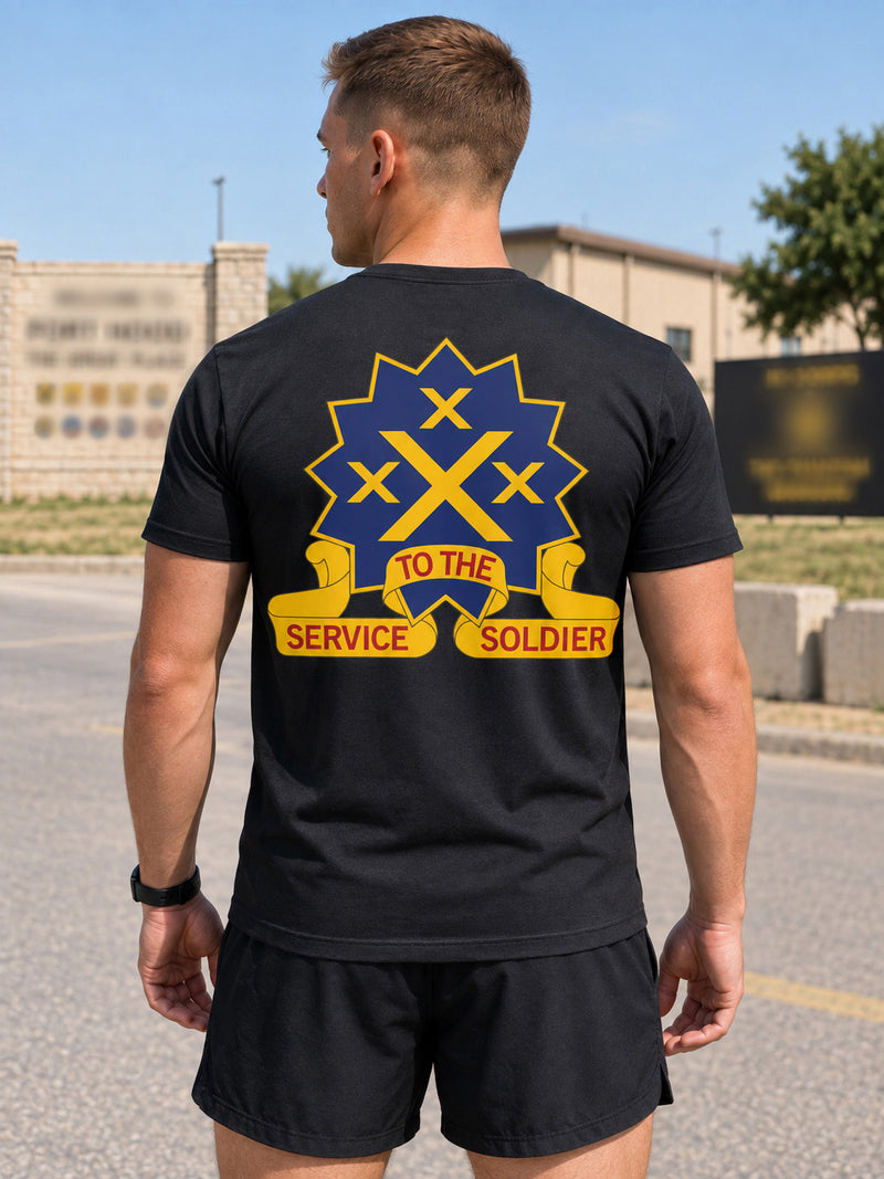 Back of a black unit t-shirt with a large embroidered unit crest above a To The Service Soldier banner.