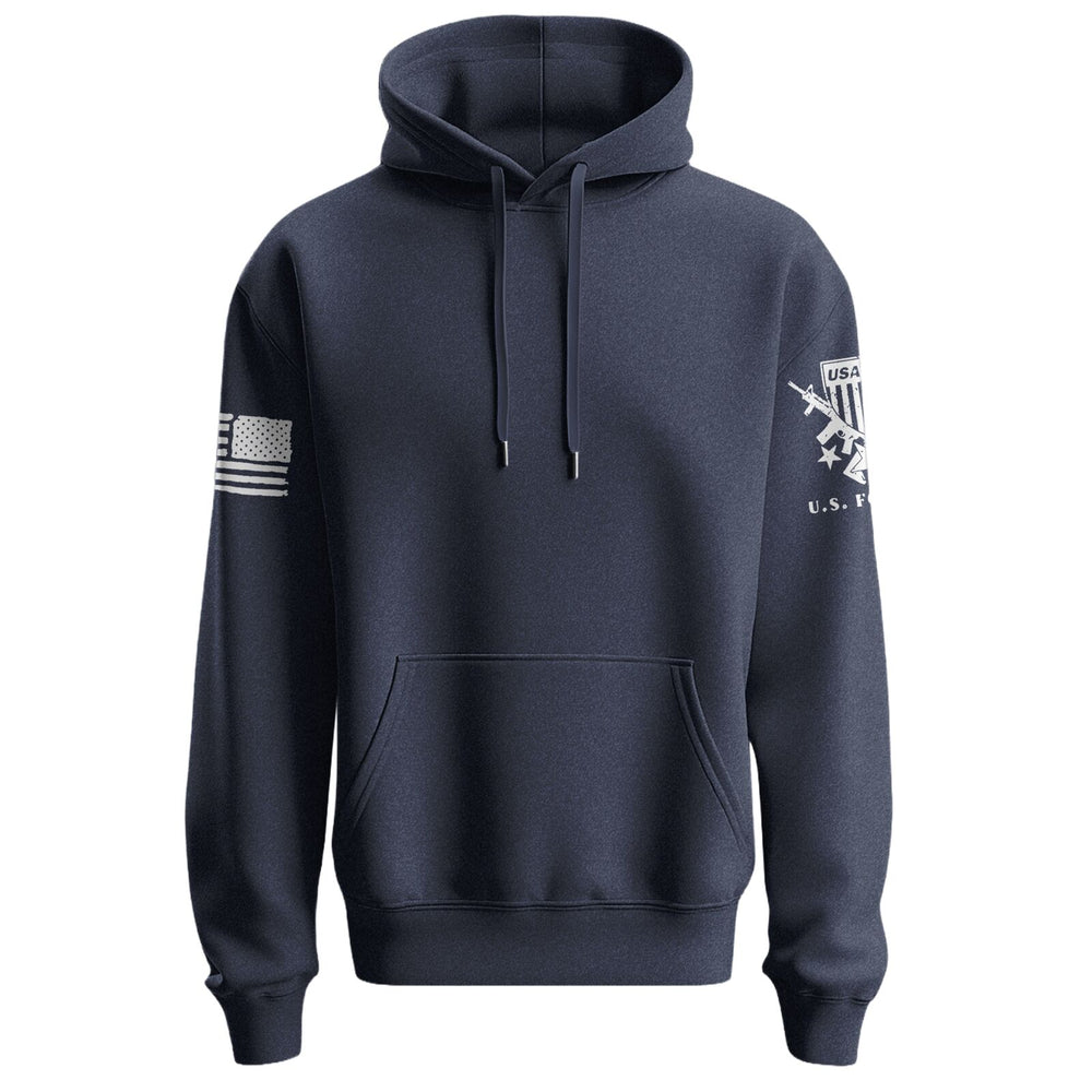 Heavyweight Hoodie laid flat with length (A) and chest width (B) marked